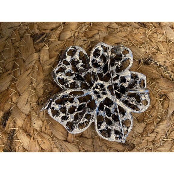 Flower Dogwood Flower Onyx Rhinestone Pearls Vintage Silver Brooch Pin V-6623 - Picture 4 of 6